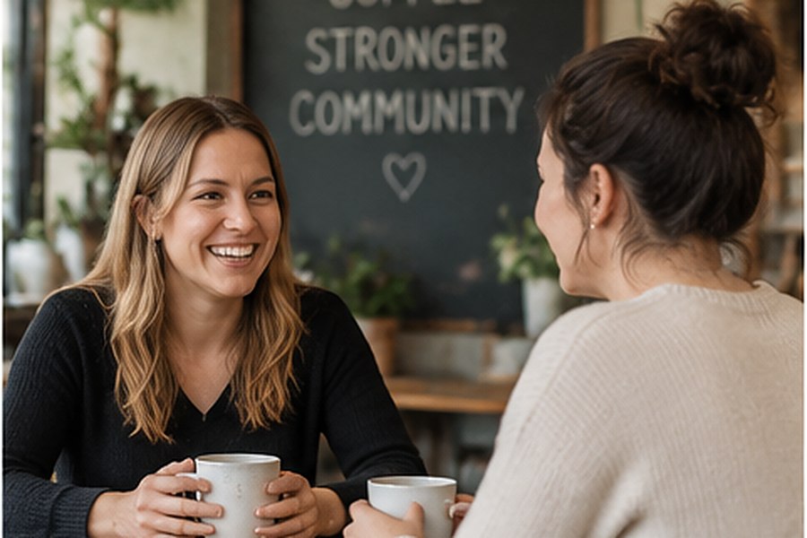 Two people talking over coffee in a cafe