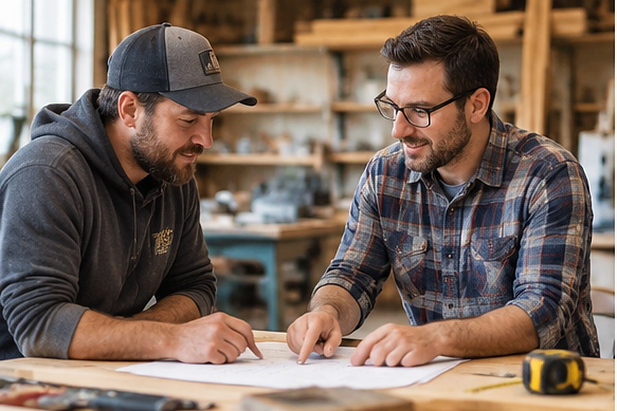 Two people going over paperwork together in a workshop