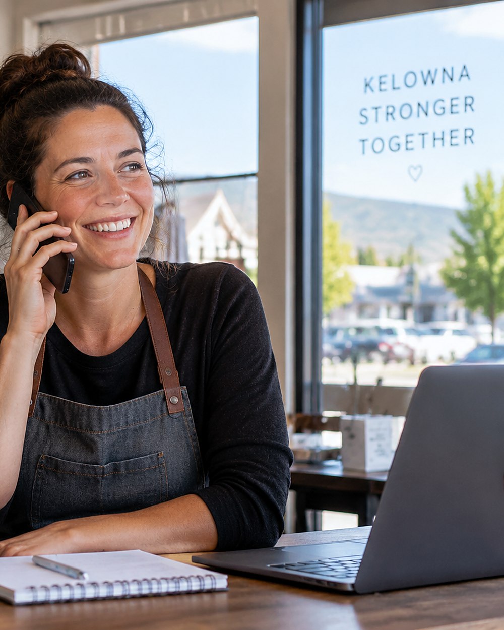 A local shop owner taking a call behind the counter, a Kelowna street visible through the window